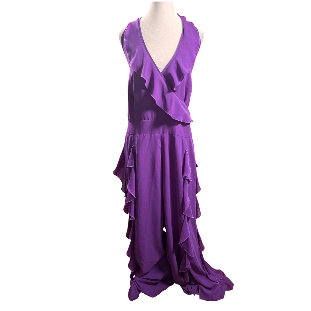 Ashro Womens Purple Ruffle Wide Leg Jumpsuit Size 18 Sleeveless V-Neck Formal